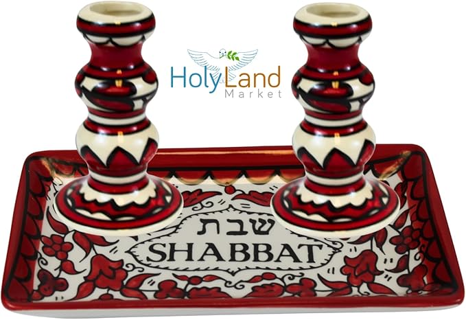 Holy Land Market Shabbat Candlesticks Set - Colorful Ceramic Shabbat Candle Holders Set with Matching Plate for Holidays, Red