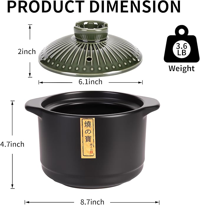 Ceramic Cooking Pot 2.1QT – Authentic Japanese Donabe Clay Pot – Earthenware Stew Pot for Slow Cooking, Casserole with Green Lid, Healthy & Non Toxic