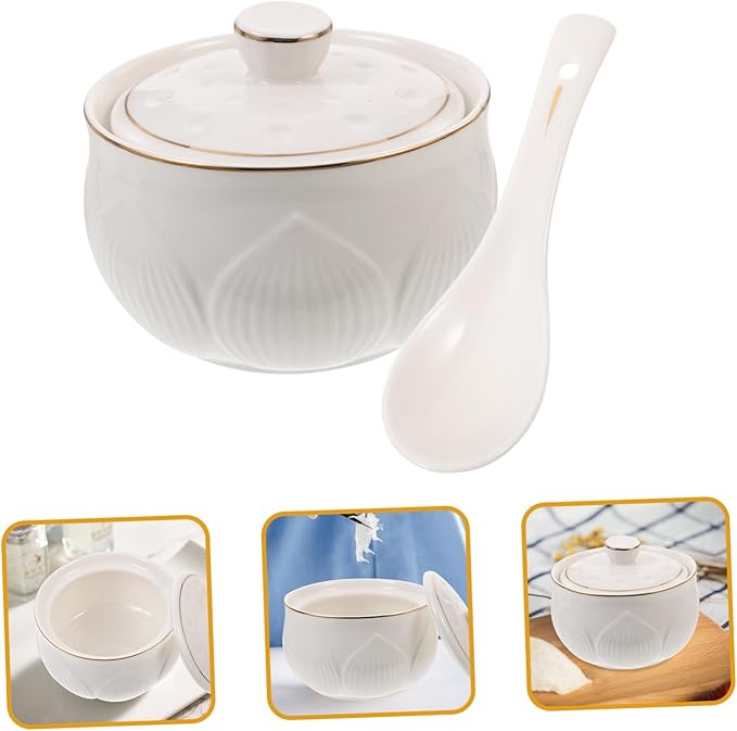 Alipis Luxury Ceramic Stew Bowl Set with Lid and Spoon High-End Gold Trim for Soups and Desserts Kitchen Steaming Bowl for Home Use