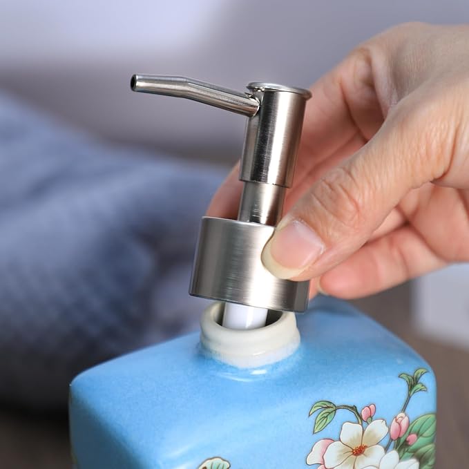 Ceramic Soap Dispenser, Lotion Bottle with Removable Pump, Flower Pattern Dispenser for Kitchen and Bathroom - Blue, 13 OZ