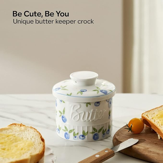 Toptier Butter Crock for Counter With Water Line, On Demand Spreadable Butter, Ceramic Butter Keeper to Leave On Counter, French Butter Dish with Lid (Yummy Blueberry)