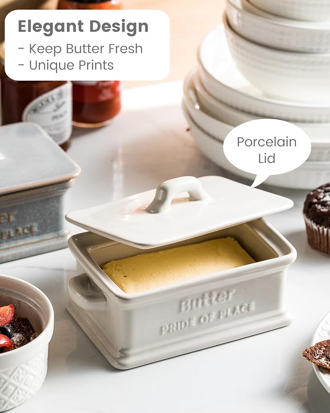 Butter Dish with Lid, Ceramic Butter Dish for Countertop Butter Holder Container Large Butter Keeper for East West Coast Butter, Mother's Day Kitchen Decor, White