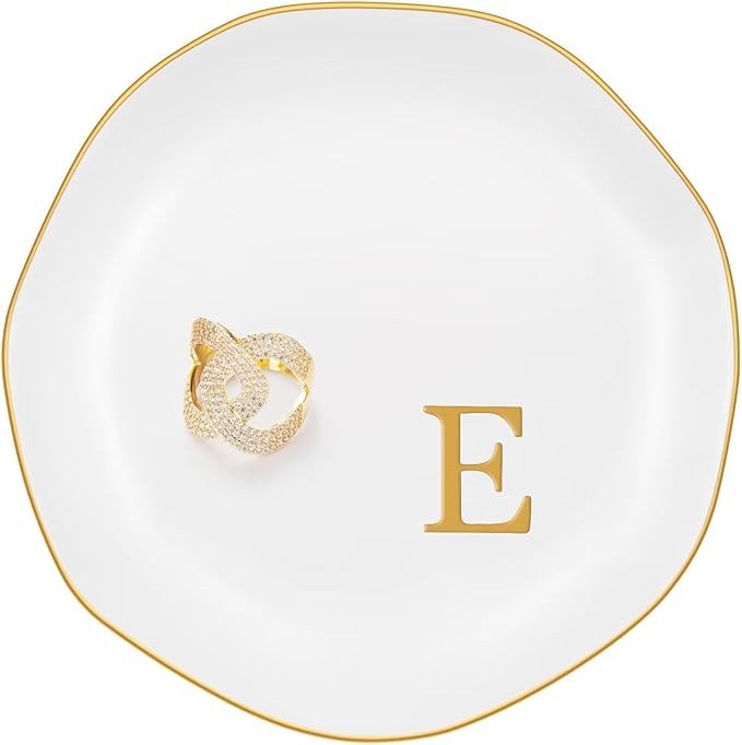 Ceramic Jewelry Tray, Personalized Initial Ring Dish, Elegant Trinket Tray for Rings Earrings Bracelet Necklaces, White Decorative Jewelry Holder for Women Vanity, 4.5 Inch, Letter E