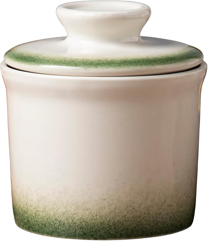 Stoneware Butter Crock with Lid, Ceramic Butter Dish with Water Line, Countertop Butter Keeper, Butter Holder for Countertop, Ombre Green