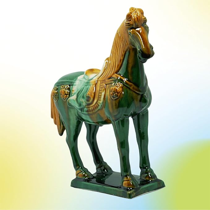 Handmade Tang Dynasty Tri-Color Horse Ceramic Sculpture - 19cm Traditional Chinese Cultural Art Decor - Symbol of Prosperity & Good Fortune - Perfect for Home, Office, Bookcase Shelf (Green)