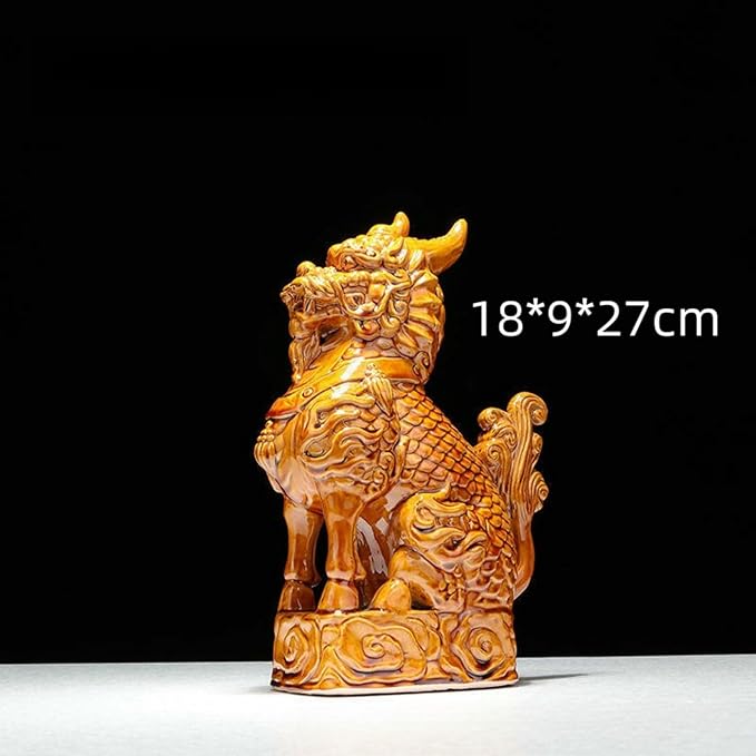Ceramic Sculptures Auspicious Kirin Sculpture Living Room Study Desk Decoration Feng Shui Ornaments Asian Art Collection - Khaki