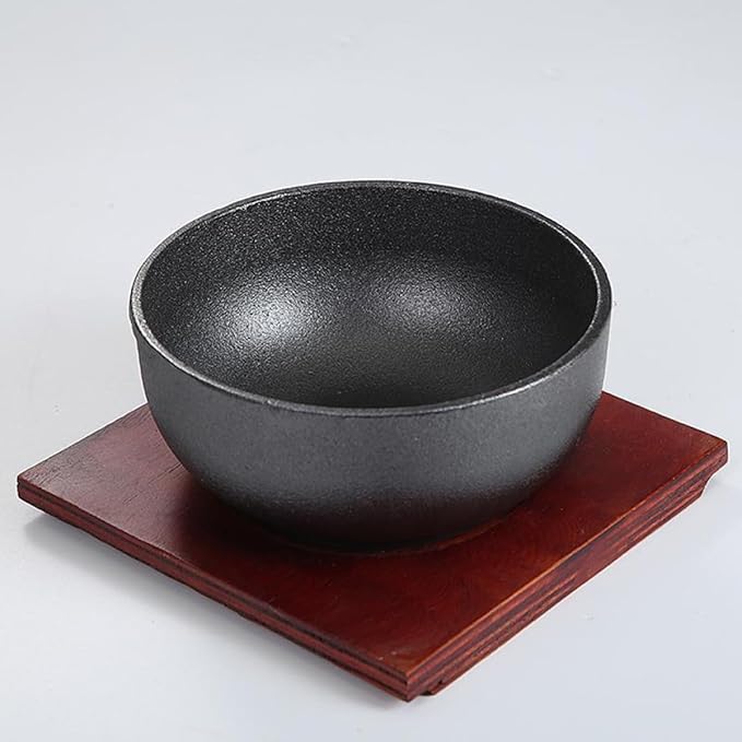 Cast Iron Bibimbap Bowl Set 15cm with Wooden Base Korean Stone Pot for Rice Soup Cooking Reusable Mixing Food Bowl Japanese Cuisine Serving Dinnerware