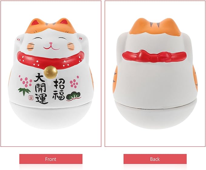 Ceramic Lucky Cat Figurine White Wobble Tumbler Cat Ornament Japanese Style Decorative Table Decor Gift for Home and Office