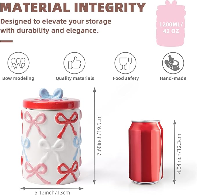 Cookie Jars with Lid Airtight, 42 OZ Large Ceramic Food Storage Containers, Red Bow Kitchen Canisters for Countertop, Suitable for Home Decor of Coffee, Sugar, Tea, Flour, Dog Treat (7.5 In)