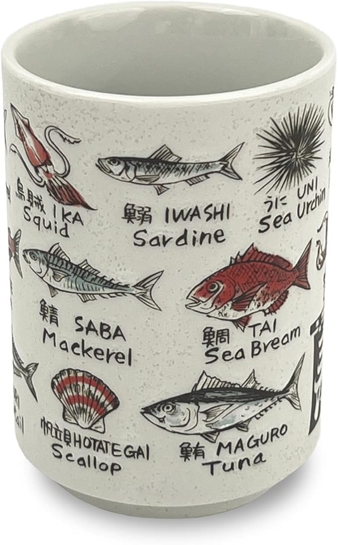 Japanese Tea Cup - Pottery 9 fl oz, Yunomi Mug, Sushi Made in Japan (C3-7 Sakanaeigo)