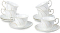 Tea Cups Set Of 6, Tea Cup And Saucer Set,6oz for Tea,Coffee, Latte, Cafe Mocha, Porcelain Tea Party Set (White with gold thread set of 6)