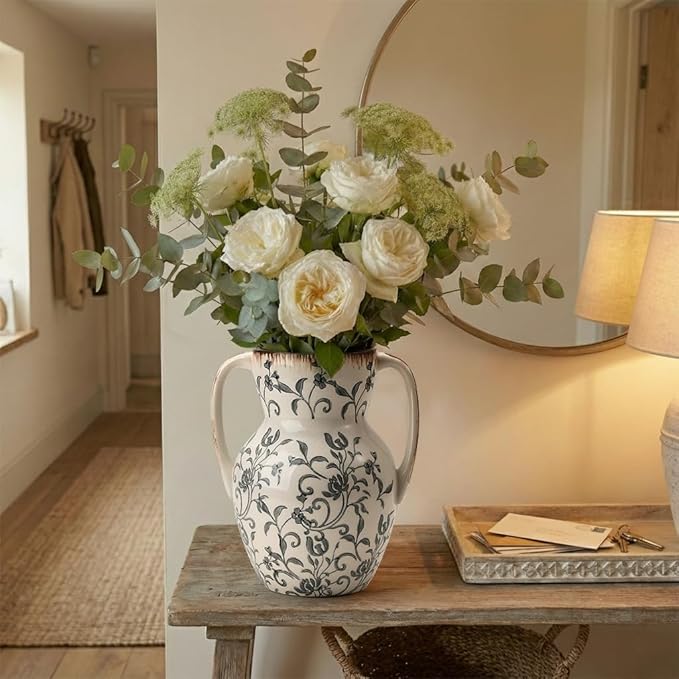 Emotionally Grounded Vase, Vaseking Large Ceramic Rustic Vase with 2 Handles, 8.3 inch Minimalist Decorative Farmhouse Tall Vases for Home Decor, Living Room, Enterway, Table Decoration, Gray Floral