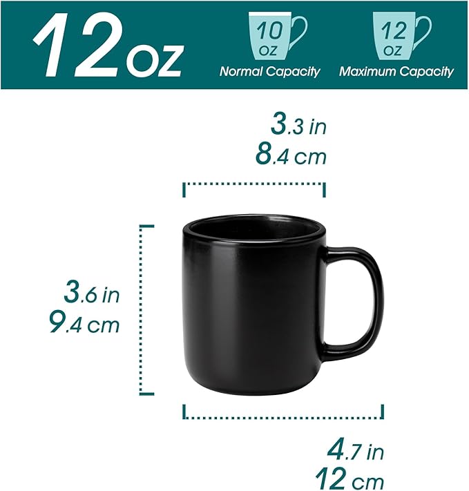 vancasso Stoneware Coffee Mugs Set, 12 oz Ceramic Coffee Cups for Latte Hot Tea Cappuccino Cocoa Milk Cups Set of 6, Dishwasher & Microwave Safe, Matte Black
