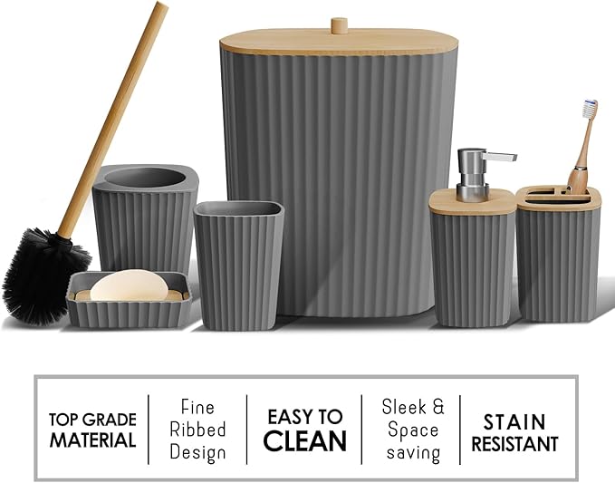 Clara Clark Bathroom Set - Grey Bathroom Accessories Set, 6PC Bathroom Accessory Set, Bathroom Sets with Bathroom Rugs, Toilet Brush, Trash Can & Soap Dispenser