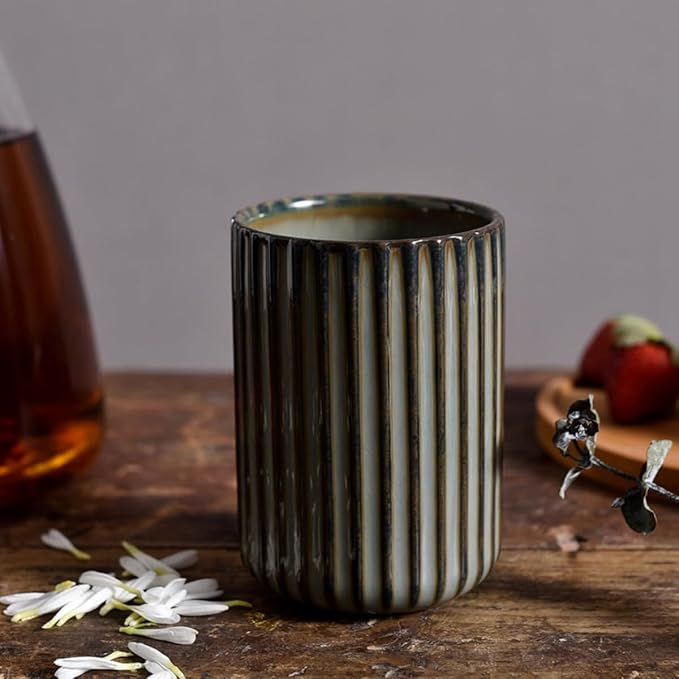 Stoneware Coffee Bar Utensil Holder Tea & Coffee Spoon & Stirrer Holder for Stir Stick Straw Teaspoon Holder Spoon Cup Small Utensil Jar Fluted Vertical Stripe (Retro Grey)