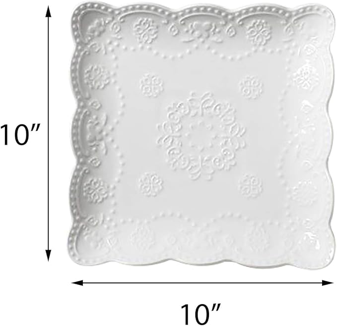 Jusalpha Set of 4-Square Embossed Lace Ceramic Plate-Dinner Plate Set, Pasta/Salad/Dessert Plate Dishwasher MicrowaveTableware Set for Restaurant Family Party Kitchen Use (White, 10 Inches)