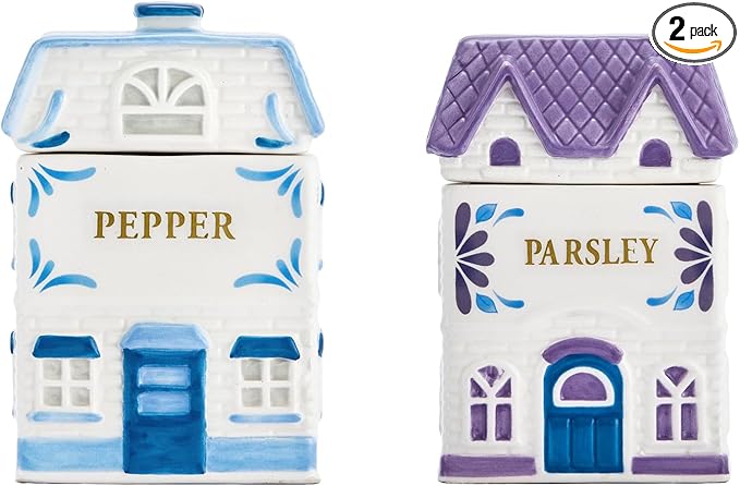 Bico Spice Cottages Blue and Purple 4 oz Ceramic Spice Jar Set of 2 with Labels, Hand-Painted, Airtight Kitchen Spice Container Organizer