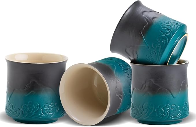 ZENS Japanese Tea Cups Set of 4 - Embossed 8 oz Ceramic Asian Cups for Loose or Matcha Tea - No Handles, Traditional Occupied Japan Style - Dark Green
