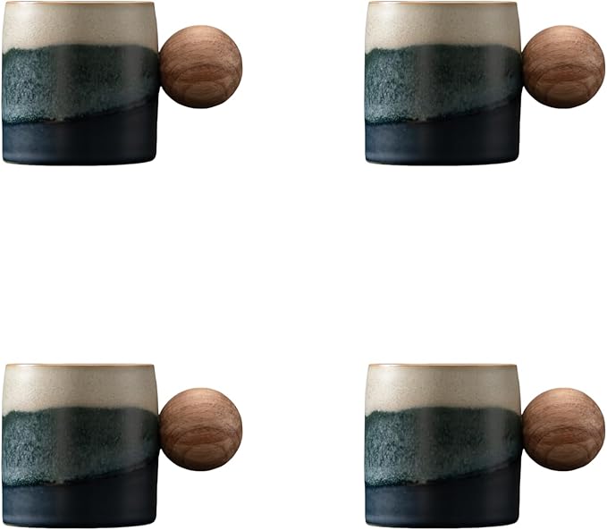2-Oz Ceramic Espresso Cups with Wood Handle, 2/4-Piece Set for Coffee, Tea, Latte - Dishwasher Safe, Multi-Color & Wood Styles, Gift & Café Use (Kiln turning blue, Round Handle4)