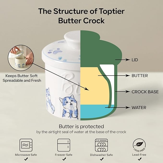 Toptier Butter Crock for Counter With Water Line, On Demand Spreadable Butter, Ceramic Butter Keeper to Leave On Counter, French Butter Dish with Lid (Greedy Cat War)