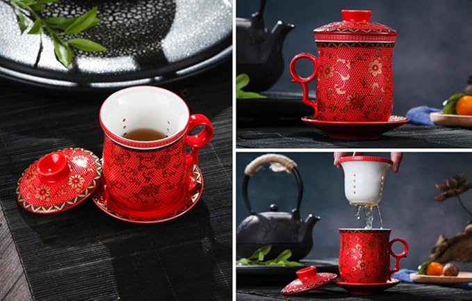 Porcelain Tea Cup with Infuser Lid and Saucer Sets - Chinese Jingdezhen Ceramics Coffee Mug Teacup Loose Leaf Tea Brewing System for Home Office