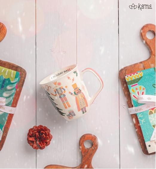 Karma, 16 oz Boho Holiday Mug - Cute Christmas Coffee and Tea Mug - Colorful Ceramic Coffee Mugs for Women and Men, Poinsetta