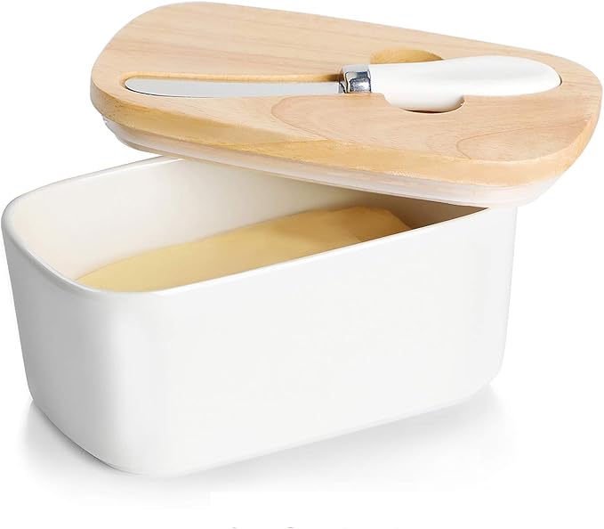 GDCZ Large Ceramic Butter Dish for Countertop Butter Keeper with Silicone Sealing, Natural Wooden Lid and Stainless Steel Knife, Kitchen Decor and Accessories for Kitchen Gifts (White)
