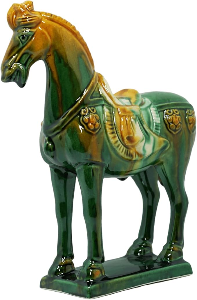 Handmade Tang Dynasty Tri-Color Horse Ceramic Sculpture - 19cm Traditional Chinese Cultural Art Decor - Symbol of Prosperity & Good Fortune - Perfect for Home, Office, Bookcase Shelf (Green)