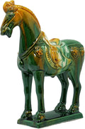 Handmade Tang Dynasty Tri-Color Horse Ceramic Sculpture - 19cm Traditional Chinese Cultural Art Decor - Symbol of Prosperity & Good Fortune - Perfect for Home, Office, Bookcase Shelf (Green)