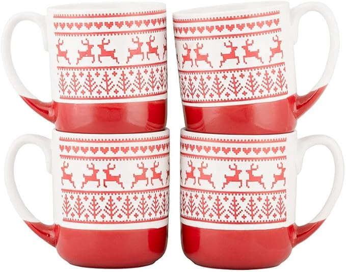 10 Strawberry Street Embossed Reindeer Ceramic Mug, Set of 4 (Red), S4MUG-XMAS