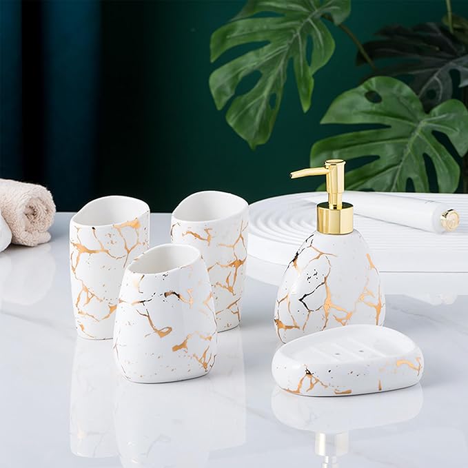 Ceramics White Bathroom Accessories Set,Gold Marble Look Bathroom Decor,Modern 6 Piece Bathroom Accessory Set,Complete with Soap Dispenser,Toothbrush Holder,Tumbler,Tray Countertop
