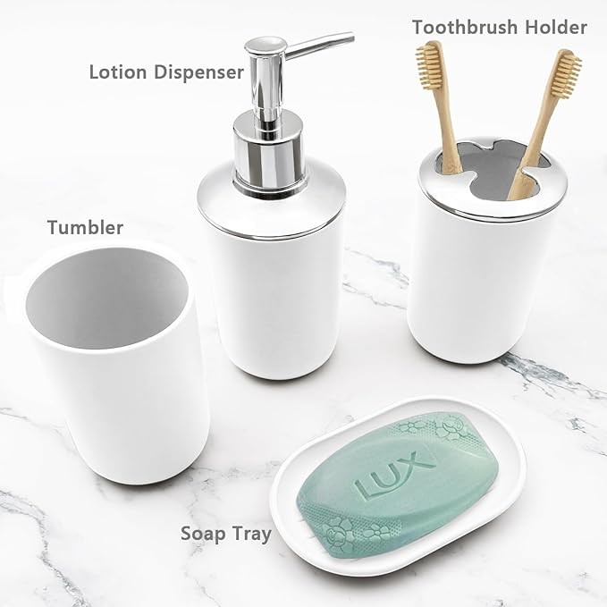 Bathroom Accessory Set, 4 pcs Shatter-Resistant Resin Bathroom Accessories Set Include Lotion Soap Dispenser Toothbrush Holder Soap Dish Modern Bathroom Decor, Gift for Home (White 4pcs)