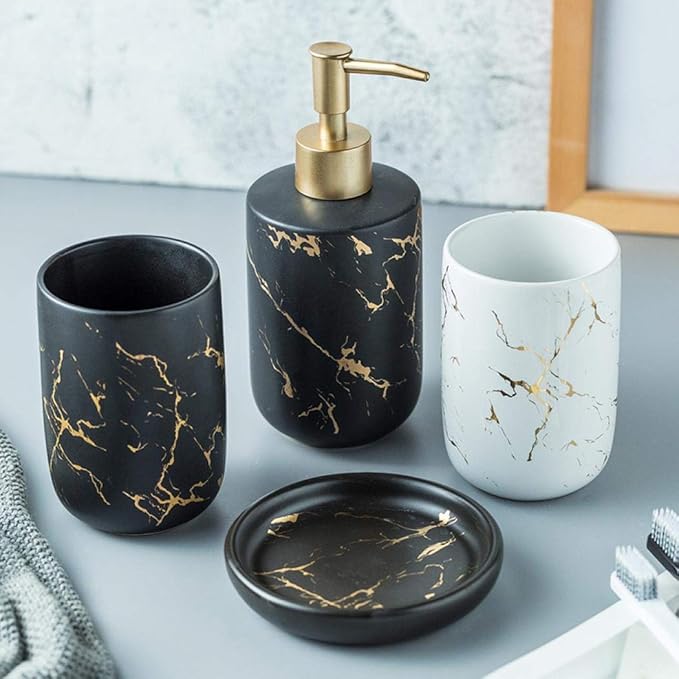 Bathroom Accessories Set, 4Pcs/Set Luxury Ceramic Bathroom Accessory Set, Soap/Lotion Dispenser, Bathroom Tumbler, Soap Dish for Home Hotel Bathroom (Yellow)