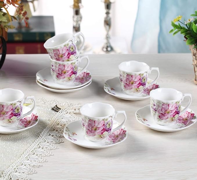 GuangYang 12 Pieces (Tiny Style) Espresso Cups and Saucers，2.5 ounce/80ml，Set of 6,Mini Premium Porcelain Coffee Cup Set, Fancy Flower Pattern Design