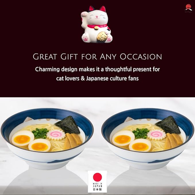 JapanBargain, Set of 4 Japanese Porcelain Bowls, Large 7.5 Inch Ramen Udon Noodle Rice Soup Pho Poke Cereal Bowl, Maneki Neko Smiling Lucky Cat Pattern, Blue, Made in Japan