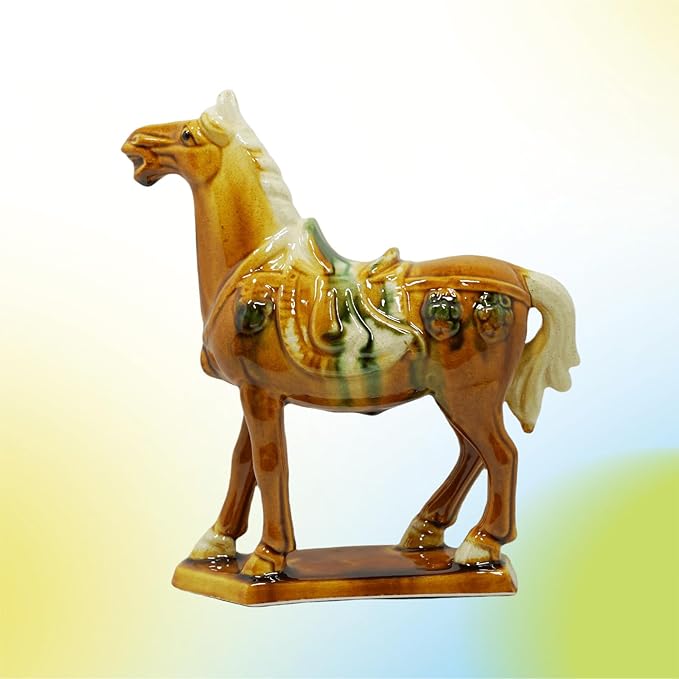 Handmade -Tang Dynasty Tri-Color Horse Sculpture Ceramic Horse-19cm Cultural Art Piece for Home,Bookcase or Office Decor (Orange)