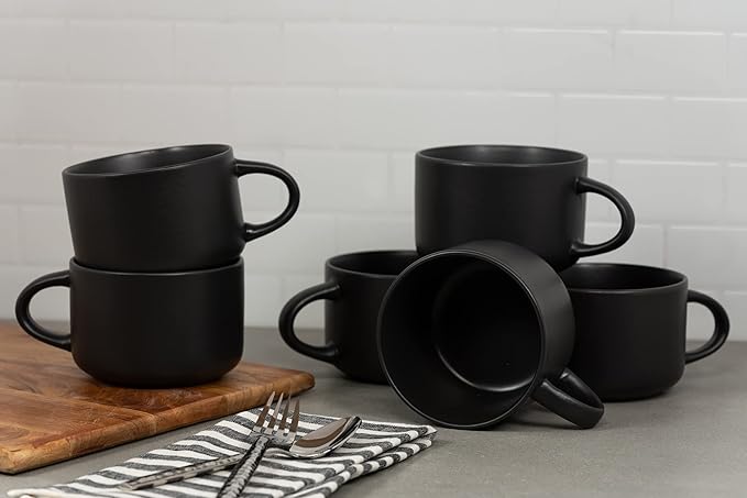 10 Strawberry Street Wazee Matte 4.75"/22 oz Oversized Mug, Set of 6, Black