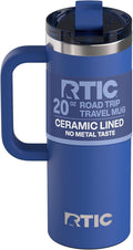 RTIC 20oz Road Trip Travel Mug with Lid and Handle, Ceramic Lined, Insulated, Stainless Steel, Metal, Double Wall Vacuum-Insulation, Portable Coffee, Tea Cup for Hot and Cold Drink, Cobalt