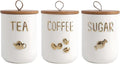 YYW Kitchen Canisters for Countertop, White Airtight Ceramic Canister with Seal Wooden Lid Storage Container for Coffee Bean Ground Coffee Sugar and Tea (Three piece)