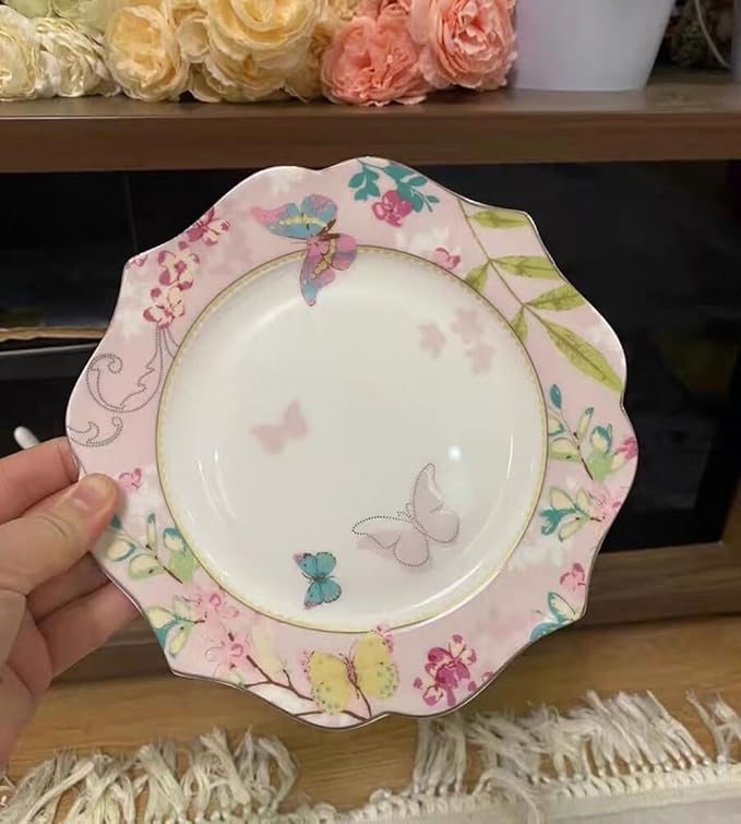 Bone China Dessert Plate/Salad Plate Ceramic Plate for Breakfast Afternoon Tea- Butterfly Pattern (Pink (7.5inches Salad Plate))