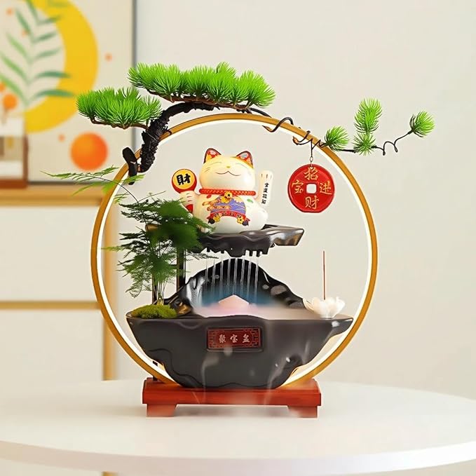 Chinese Ceramic Lucky Statue Cat - Automatic Waving Arm,Tabletop Waterfall Fountain Indoor& Backflow Incense Burner Holder,Adjustable USB LED Light Ring,Money Cat for Home Office Store