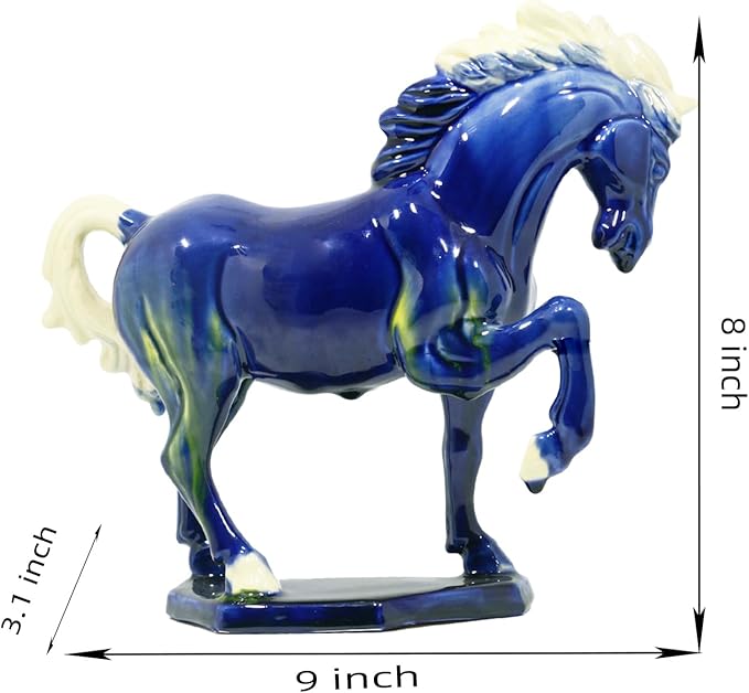 Ceramic Horse Sculpture -8 inch Hand Made Tri-Color Cultural Art Piece,Museum Collection Inspired Home and Office Decor (Blue)