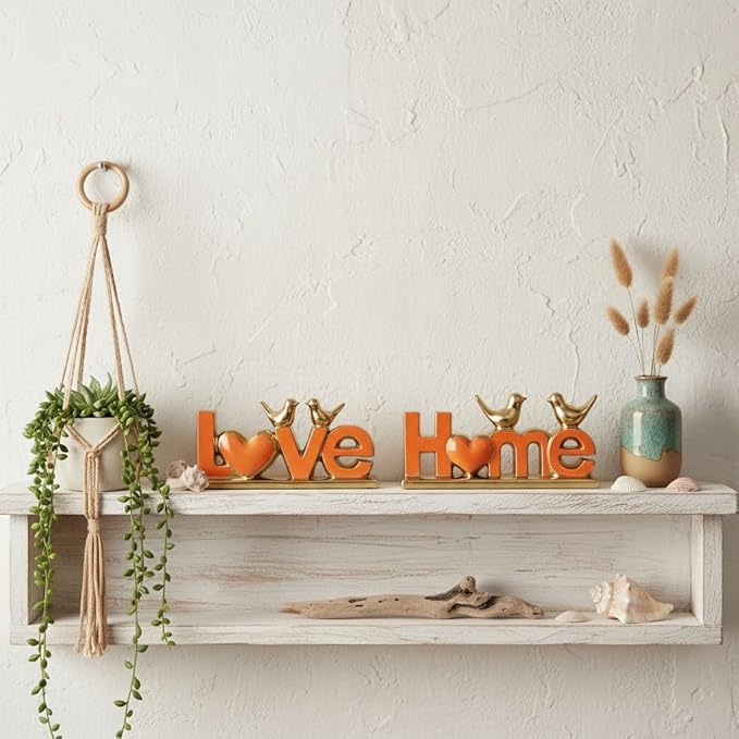 Ceramic LOVE & HOME Sign Decor with Bird Statues Set 2,10" Modern Orange Gold Tabletop Sculptures for TV Stand,Floating Shelf & Entryway,Romantic Wedding & Warm Housewarming Gift Set (Orange)