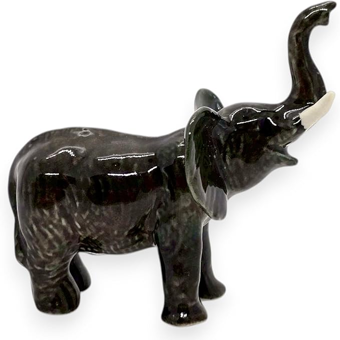 ChangThai Design Tiny 2½" Black Elephant Standing Lift Trunk Figurine - Miniature Hand Made Painted Ceramic Asian Elephants Cute Wildlife Animals Porcelain Decorative Collectible Figurines Décor Gifts
