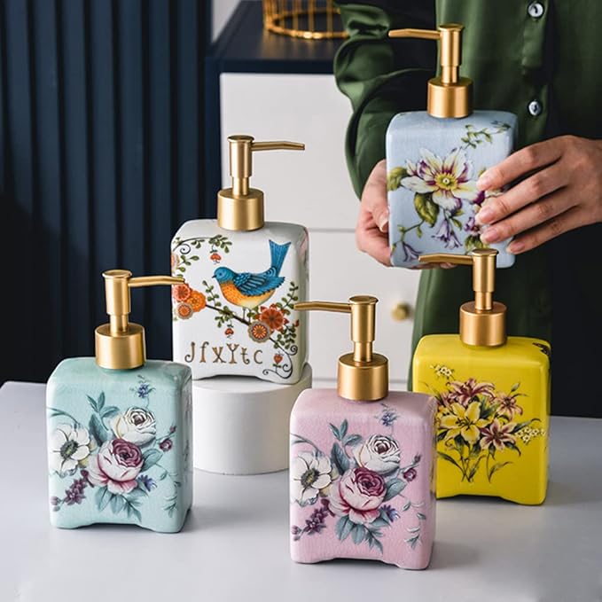 WAYUTO 12 Oz Vintage Soap Dispenser Ice Crack Ceramic Liquid Soap Dispenser Lotion Pump Bottle for Kitchen Countertop Bathroom Decorative Antique Floral Porcelain Hand Soap Dispenser Yellow Lily