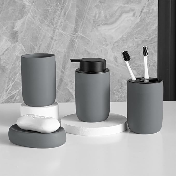 Hand Soap Dispenser for Bathroom Decro, Ceramic Liquid Pump Bottles Refillable Dish Dispenser for Kitchen Farmhouse Colleage Dorm, Matte Grey 2 Pack