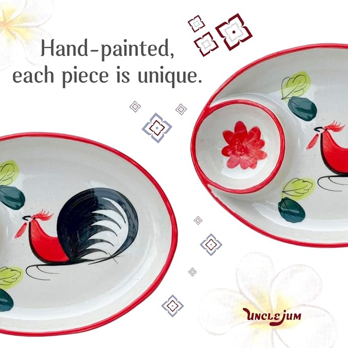 Thai Ceramic Chicken Plate with Sauce Well – 9x6 inch Traditional Rooster Pattern Serving Dish for Snacks, Dips, Sushi, or Appetizers