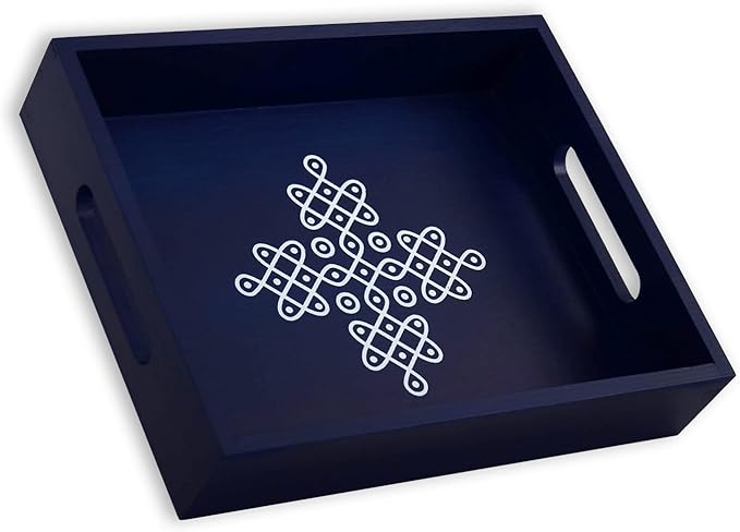 Coffee Table Tray - Decorative Trays for Home Decor - Serving Trays with Handles for Kitchen - Decor Tray - Indian Return Gift, Diwali, Pooja - 10" X 8" X 2" Size, in Blue and Brown (1, Blue)