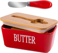 Red Butter Dish with Lid for Countertop, Large Ceramic Covered Butter Stick Holder Container for Fridge