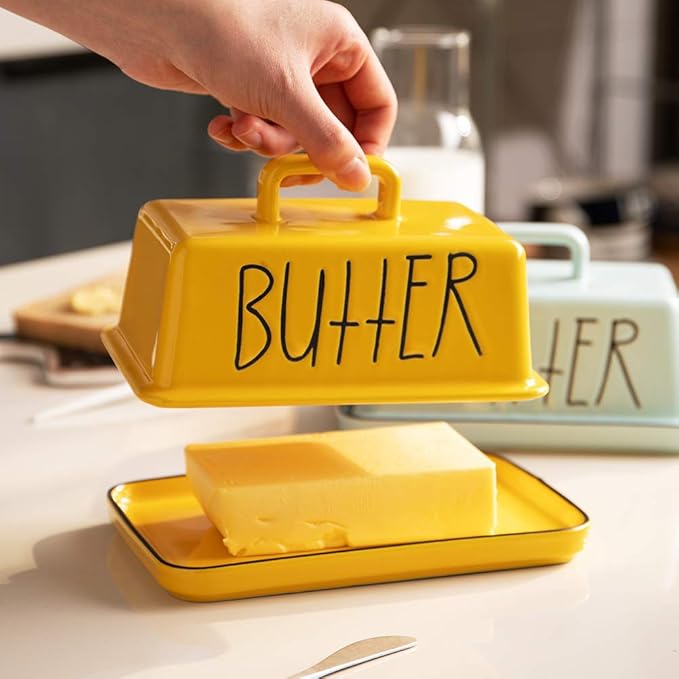 Sweejar Ceramic Butter Dish with Handle Lid, 7.3 Inch Porcelain Large Butter Keeper with Cover, Perfect for East/West Butter (Yellow)